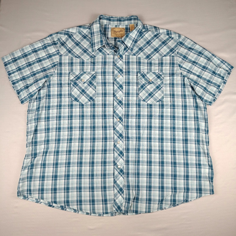 Wrangler Western Shirt Mens 3XL Teal Blue Plaid Pearl Snap Short Sleeve Big Tall